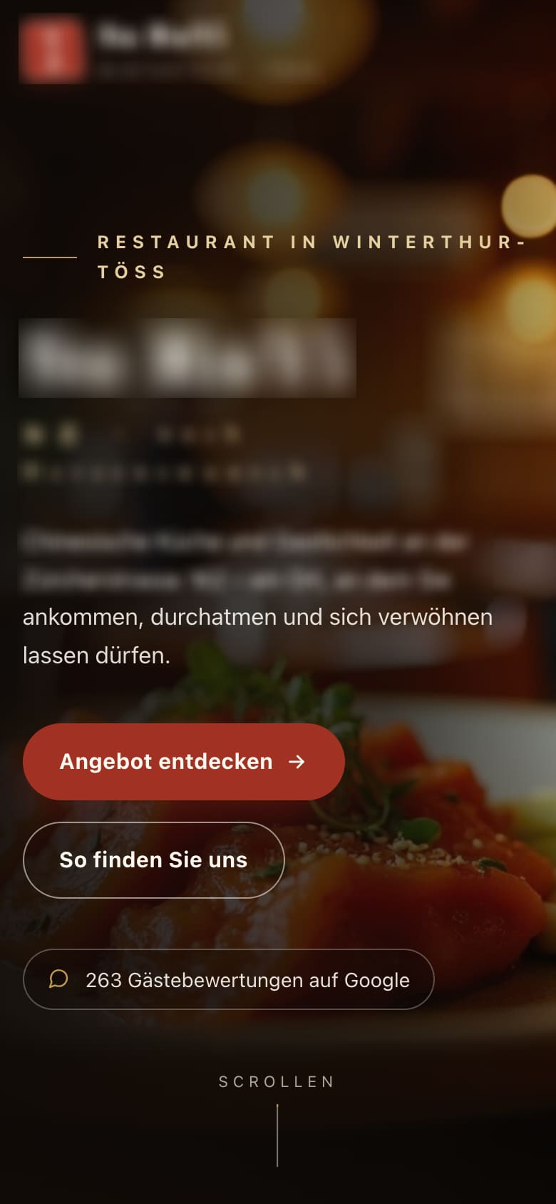 Handy-Ansicht der von uns gebauten Website: ein dunkles Foto füllt die Ansicht, darüber eine kurze Zeile, eine grosse verpixelte Überschrift, zwei Sätze und zwei Schaltflächen.